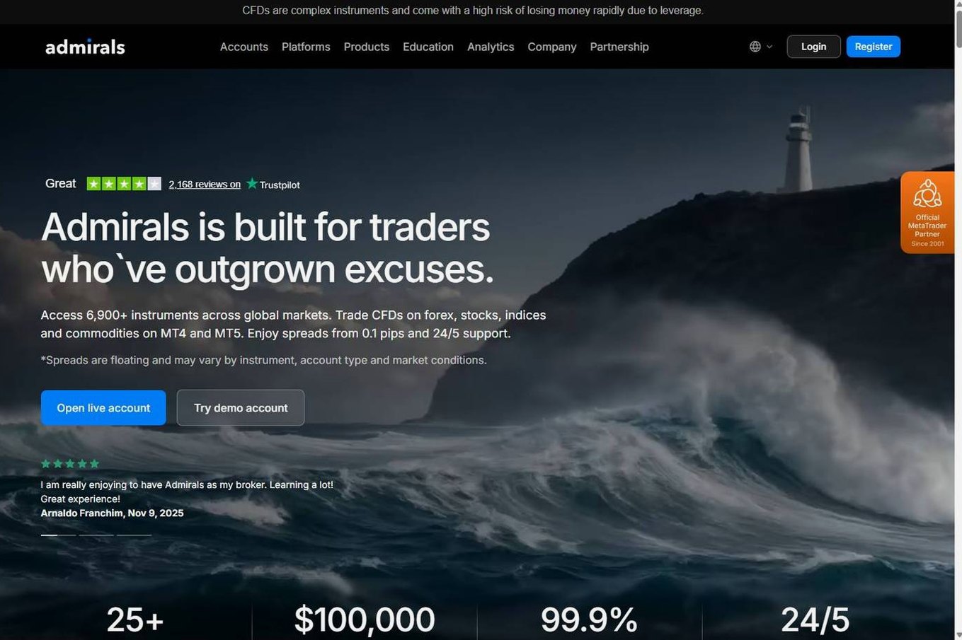 Screenshot of the Admirals website