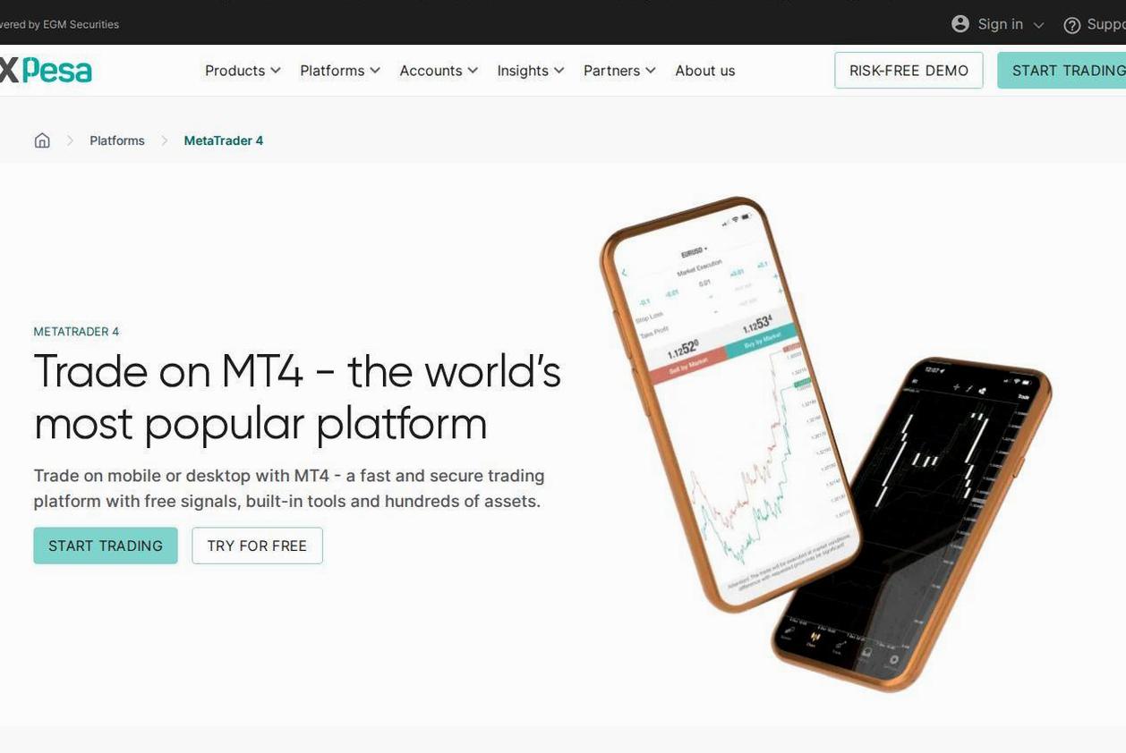 The platform page on the EGM Securities (FXPesa) website