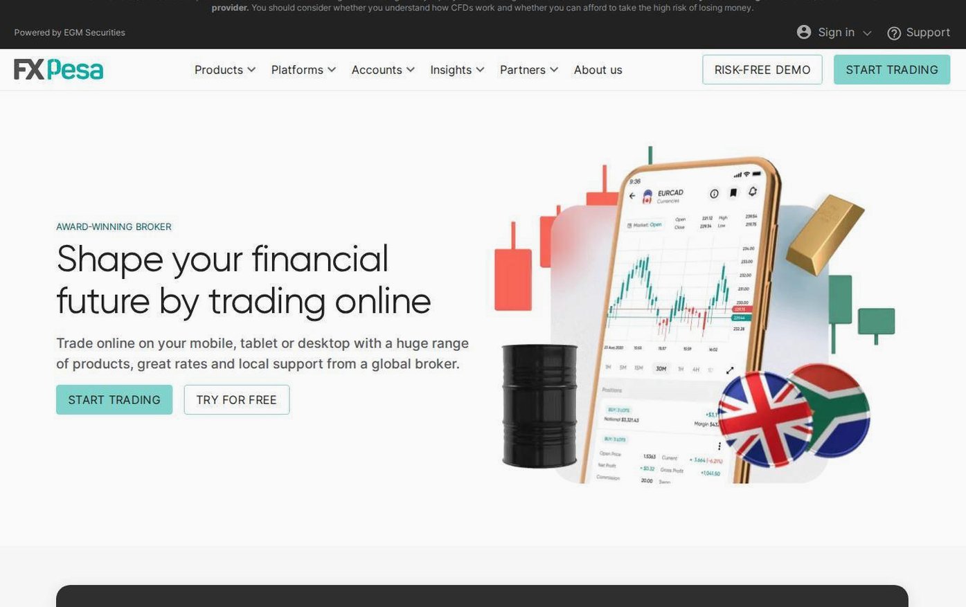 Screenshot of the EGM Securities (FXPesa) website