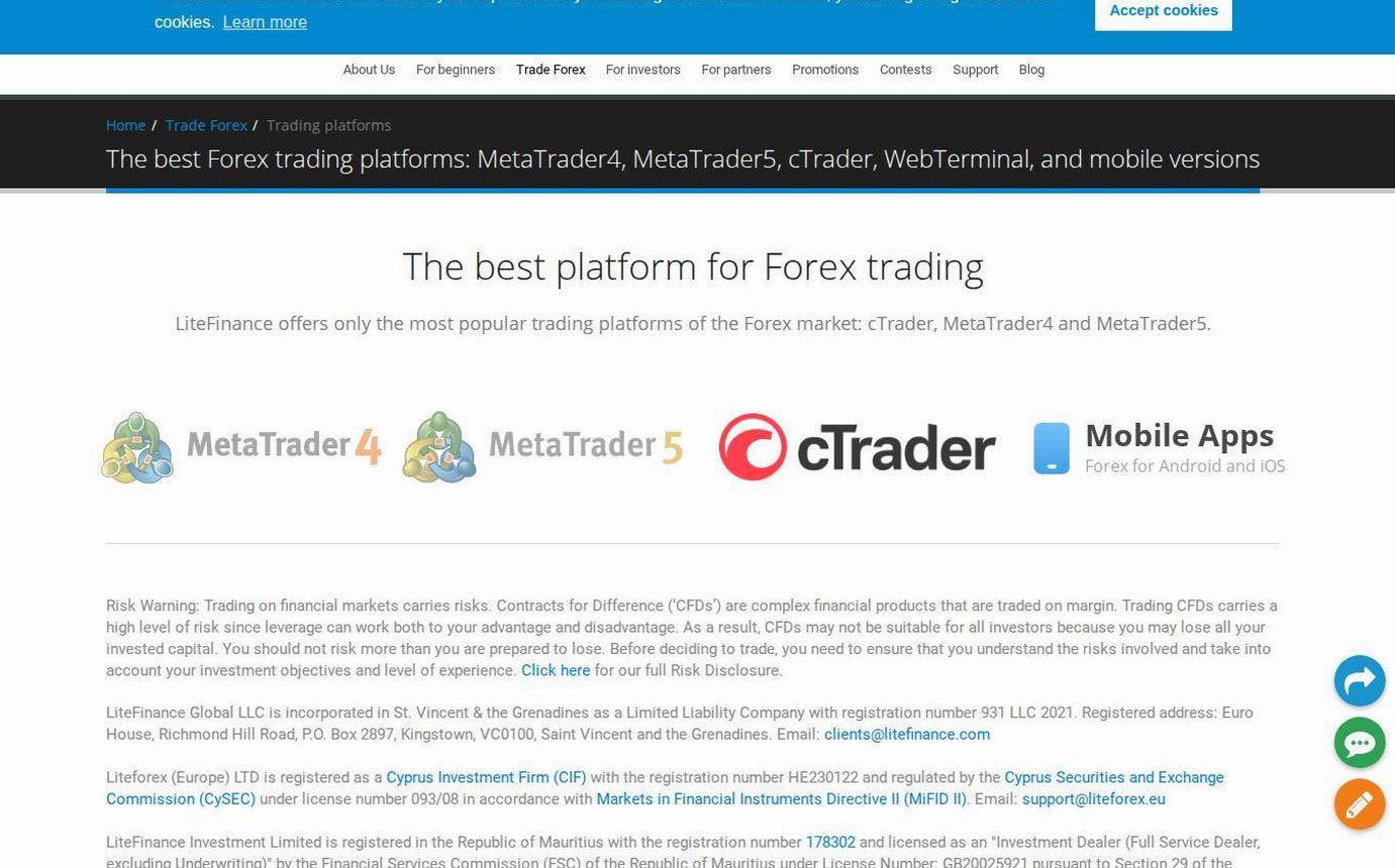 The platform page on the LiteFinance website