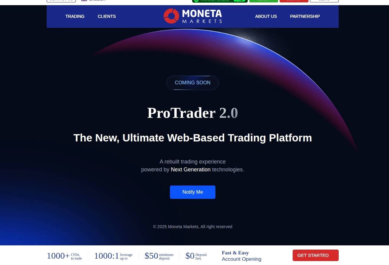 The platform page on the Moneta Markets website