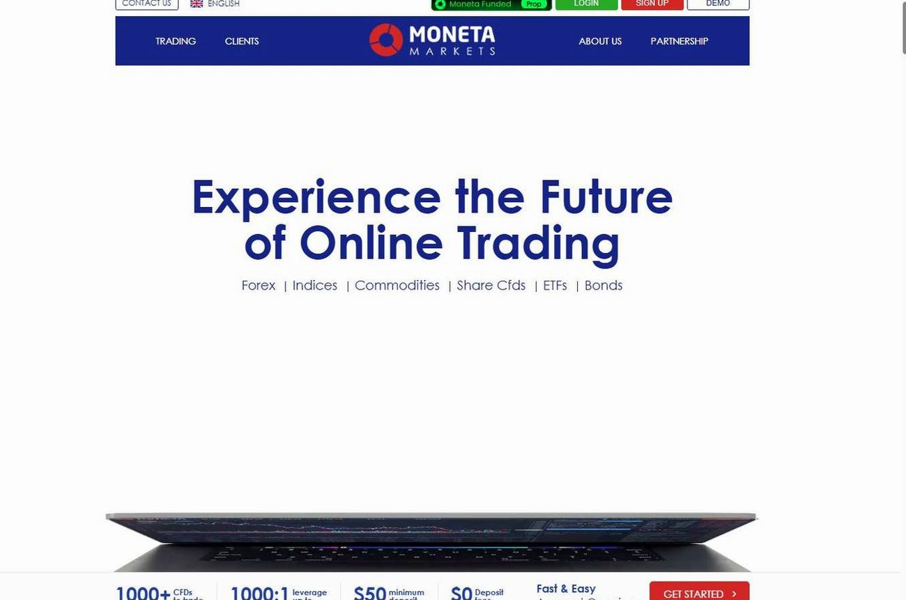 Screenshot of the Moneta Markets website