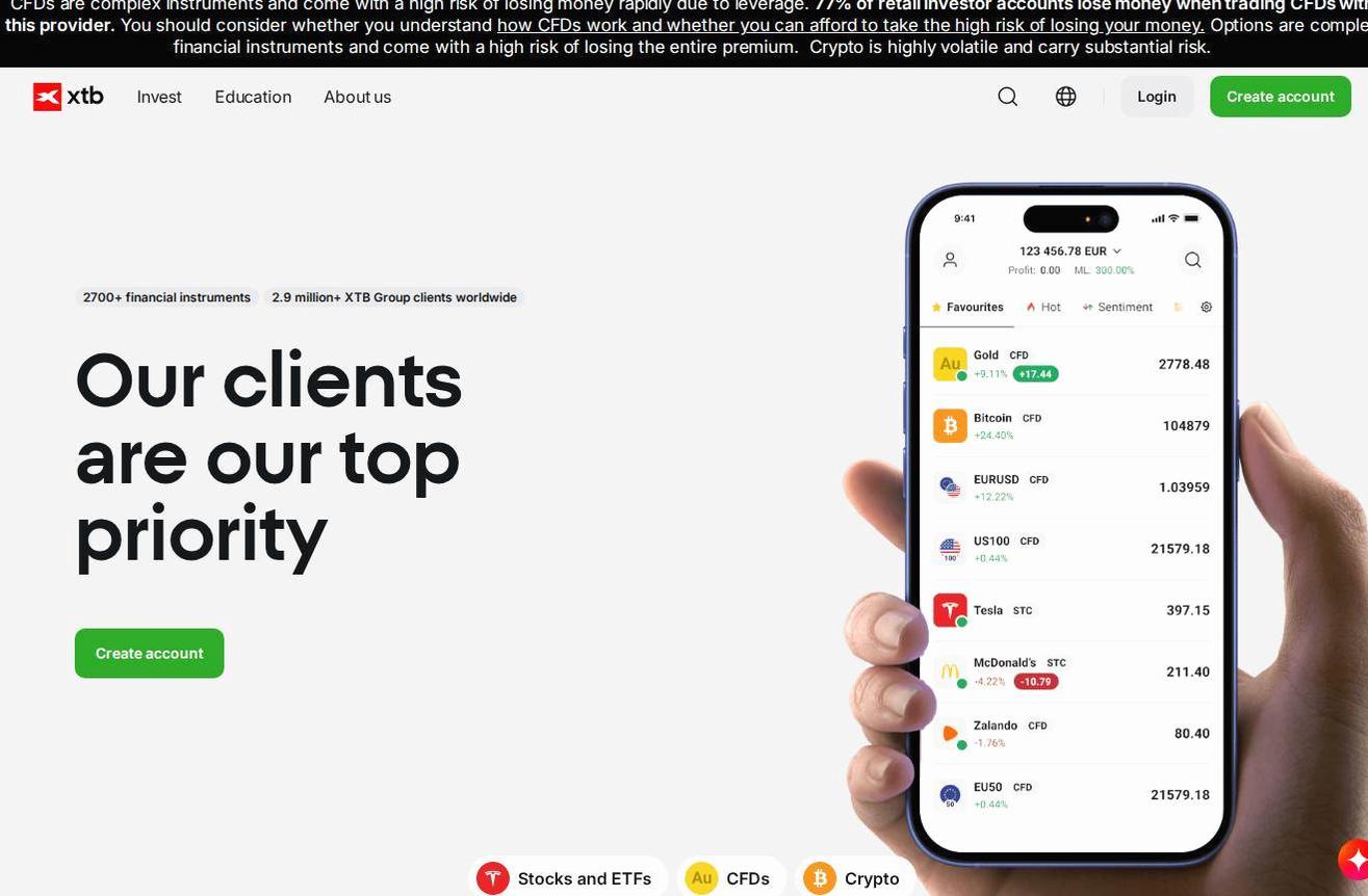 Screenshot of the XTB website